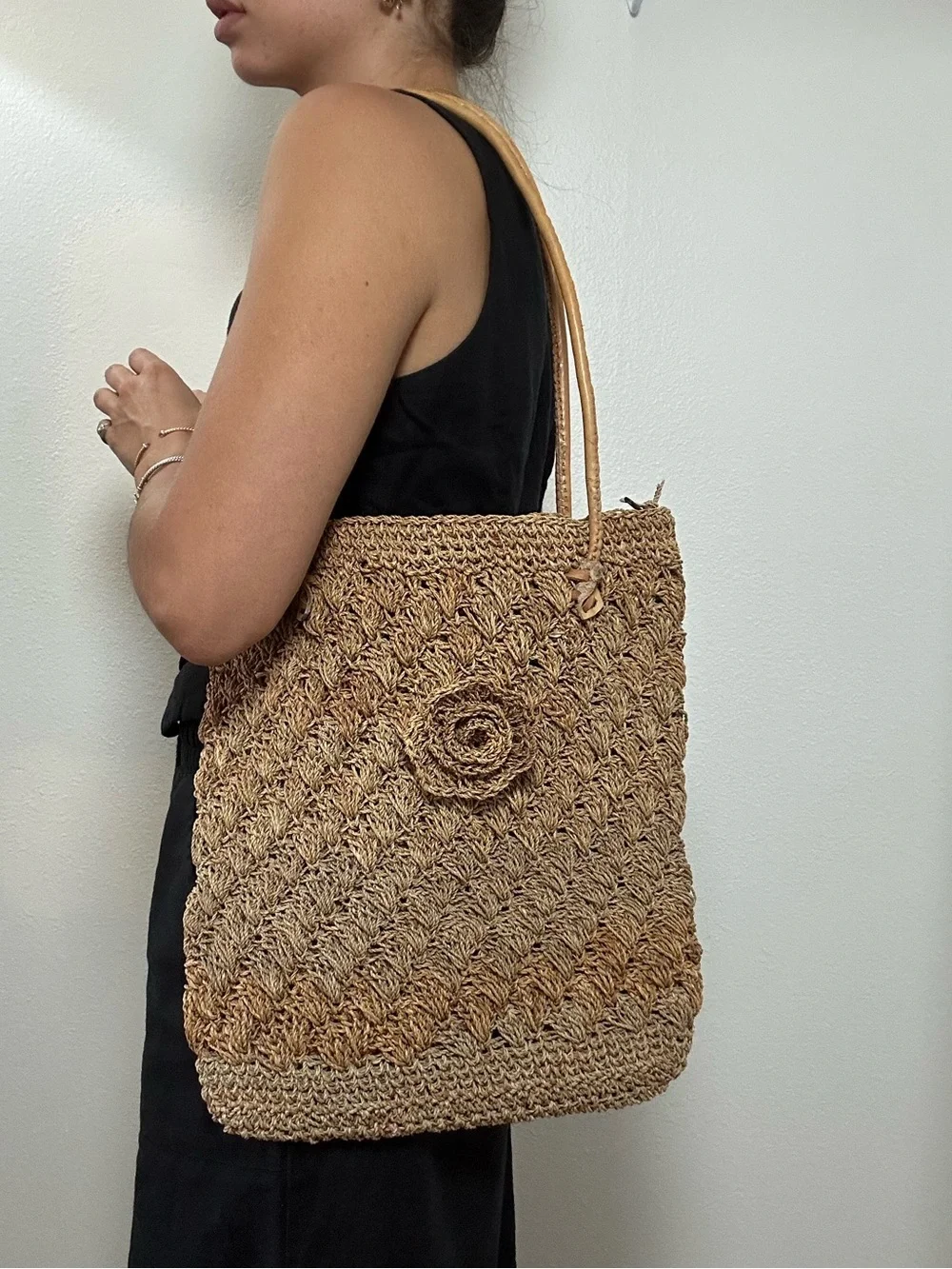Brown Beige Woven Straw Handmade Tote Bag with Flower Accent & Leather Strap - Picture 11 of 14